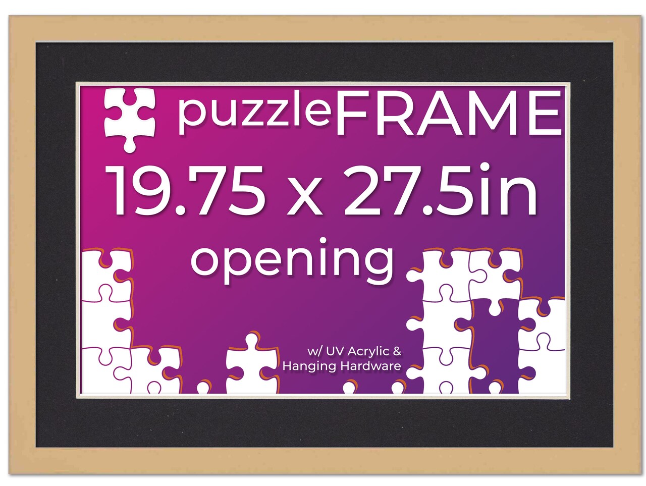 Natural Wood Puzzle Frame Kit with Glue Sheets, Black Mat, Backing, UV Acrylic - Available in 20 Popular Sizes